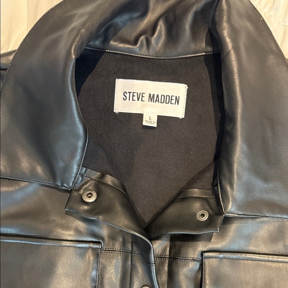 Steve Madden Black Faux Leather Shacket Shirt Coat Jacket L - Picture 2 of 10